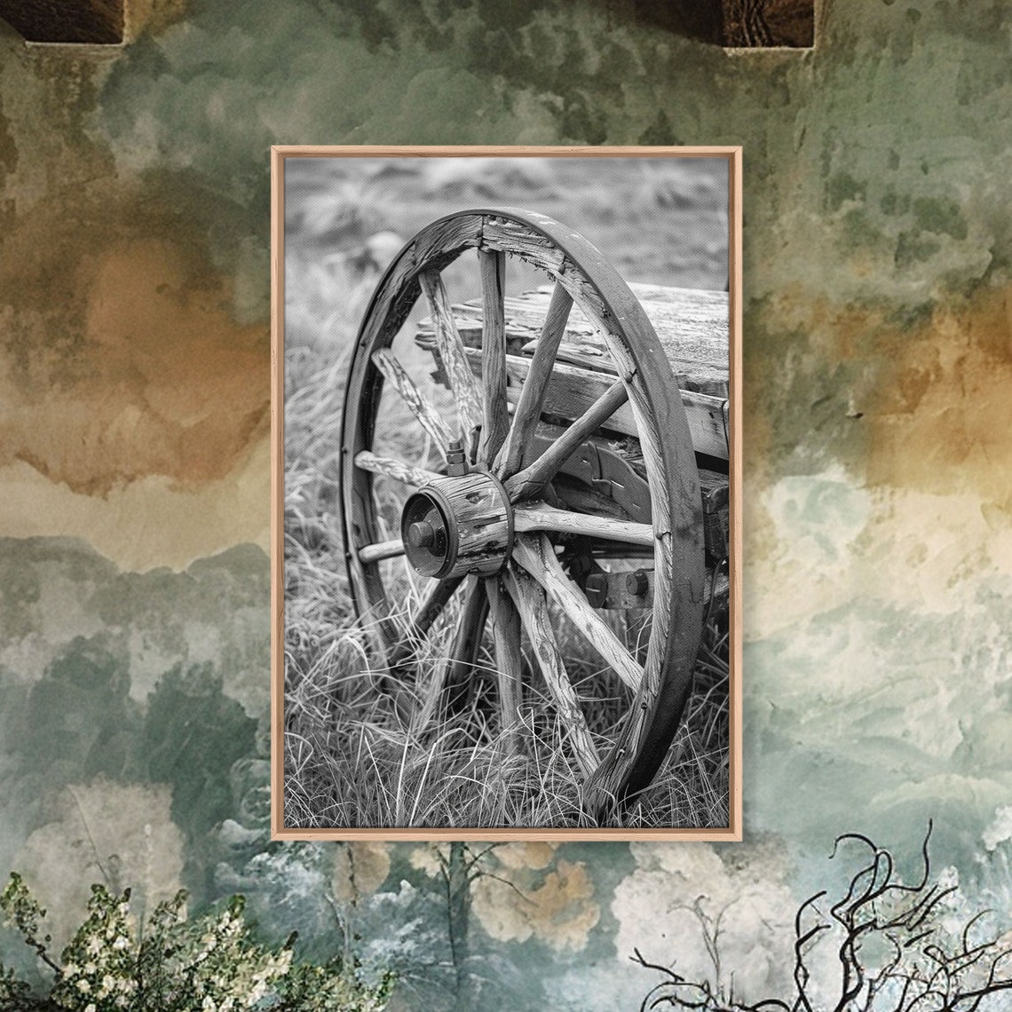 Weathered Wooden Wagon Wheel In Tall Grass Black And White Poster - Image 3