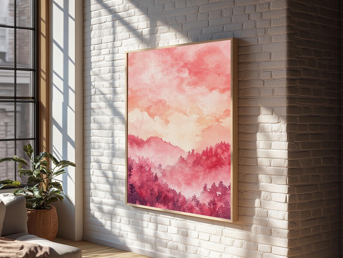 Pink Mountain Forest Sunset Watercolor Landscape Wall Art Print - Image 2