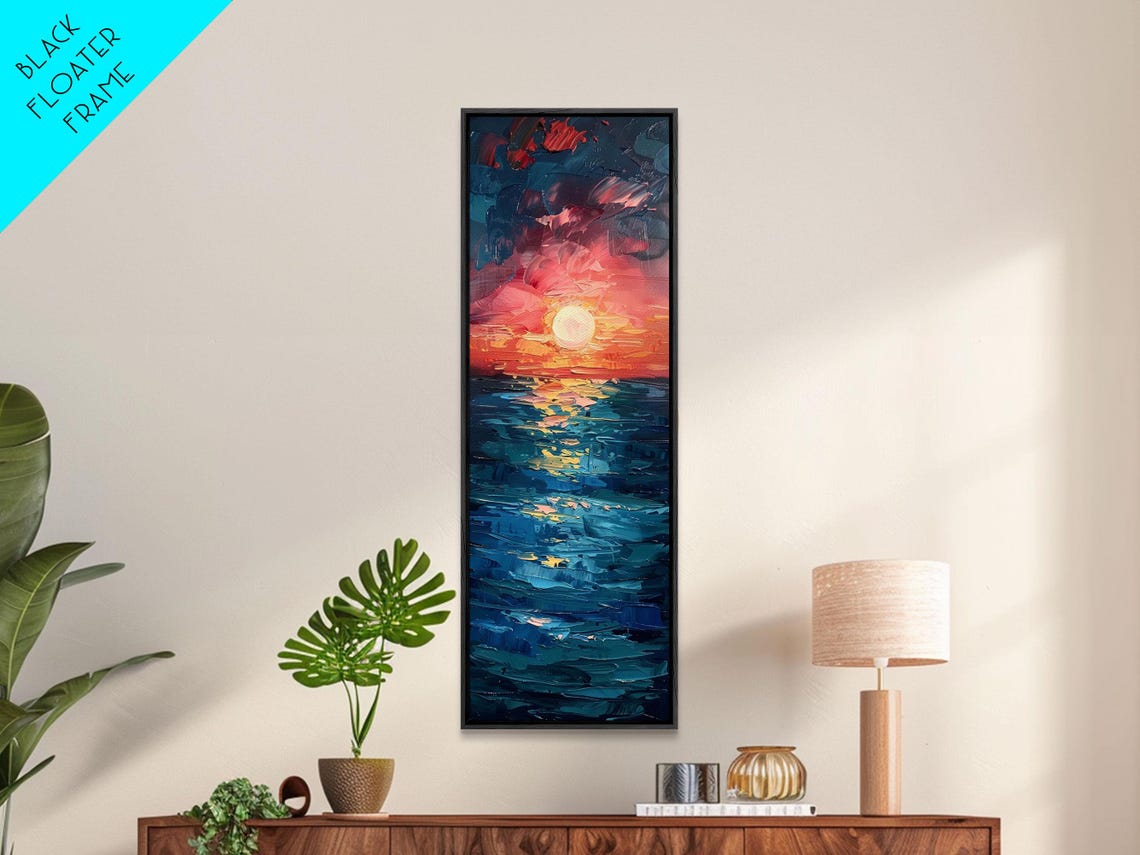 Dramatic Red Sunset Ocean Waves Coastal Impasto Painting Art Print - Image 5