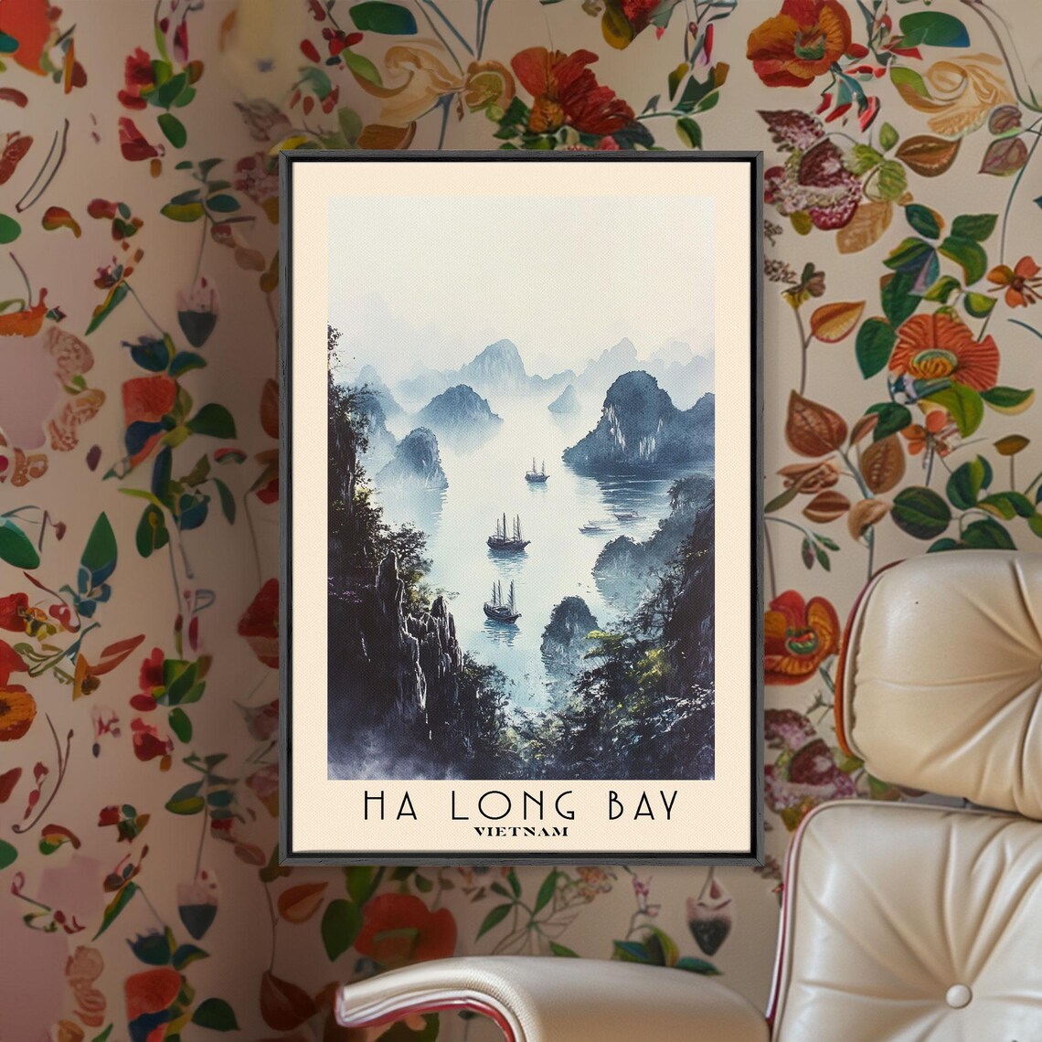 Ha Long Bay Vietnam Misty Limestone Karsts Junk Boats Watercolor Art Poster - Image 2