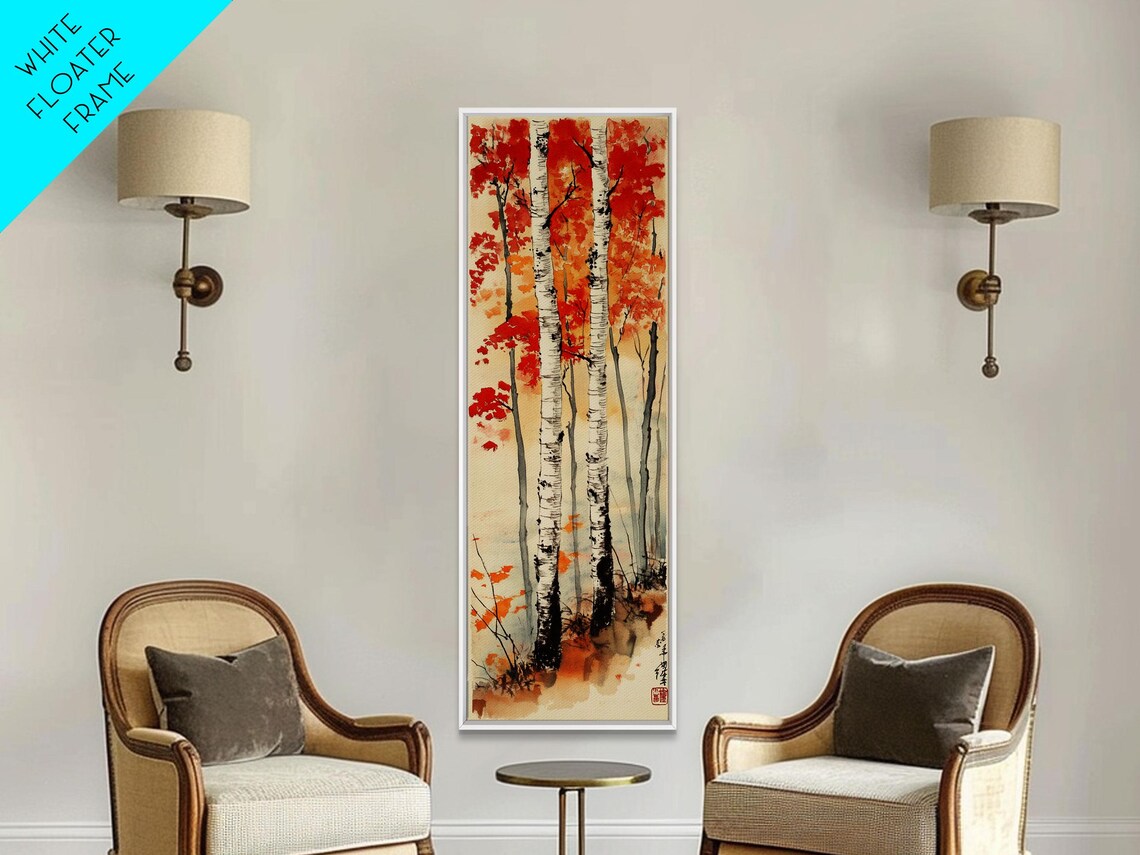 Japanese Birch Trees Autumn Red Leaves Traditional Ink Art Poster - Image 2