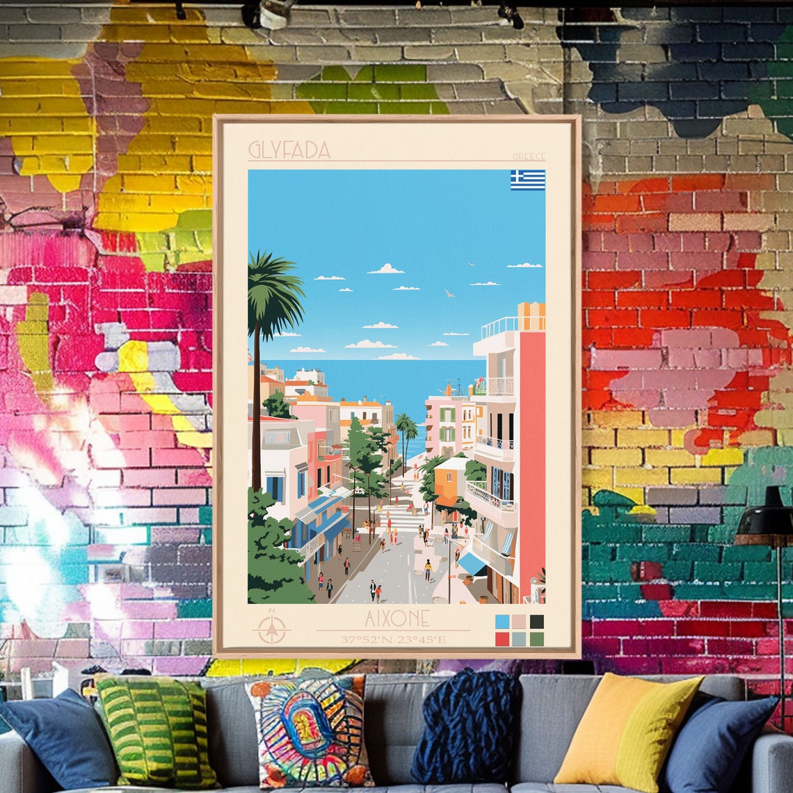 Glyfada Greece Coastal Street Palm Trees Blue Sea View Poster - Image 3