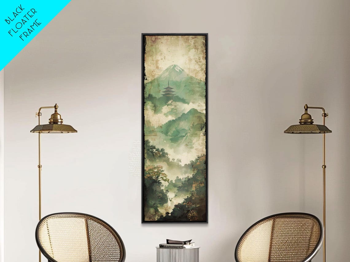 Skinny Art Tall Art Framed Print Japanese Style Art Foggy Mountain Temple Landscape Wood Block Print Ukiyo E Feng Shui Wall Art - Image 6
