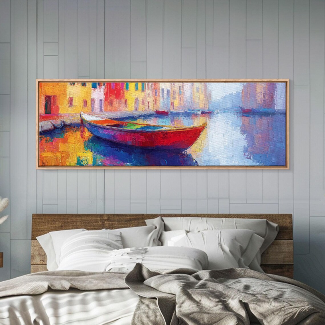 Red Boat On Colorful Canal Waterfront Vibrant Oil Travel Poster