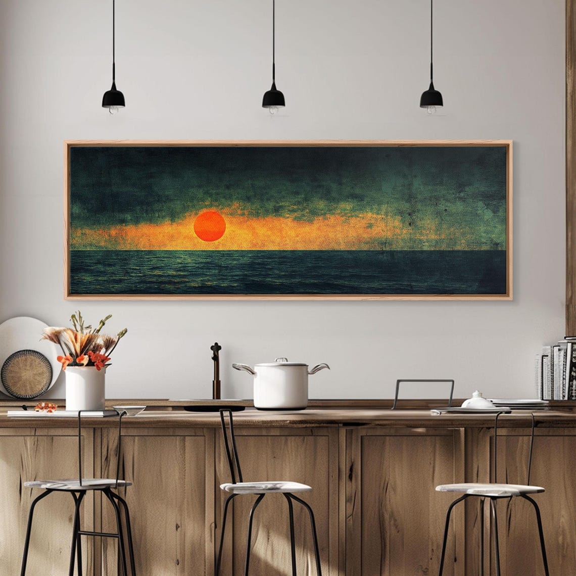 Moody Ocean Sunset Emerald Sea Big Orange Sun Panoramic Art Print - Image 6