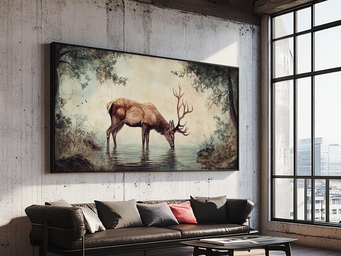 Elk Drinking Water in the Forest, Rustic Cabin Art Print - Image 5