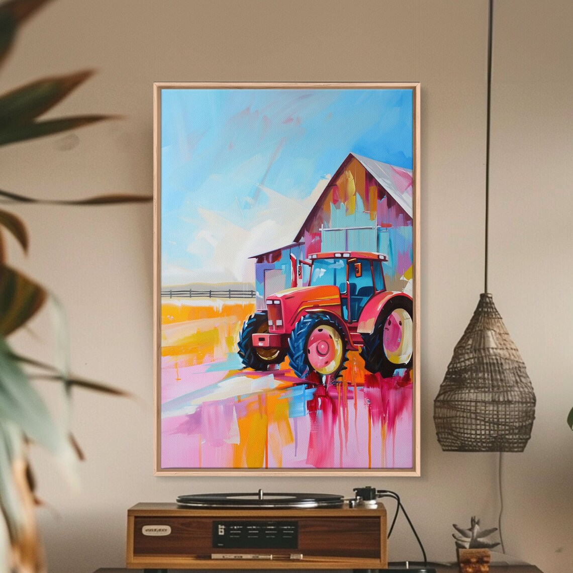 Colorful Red Tractor Barn Farm Harvest Scene Modern Art Wall Poster