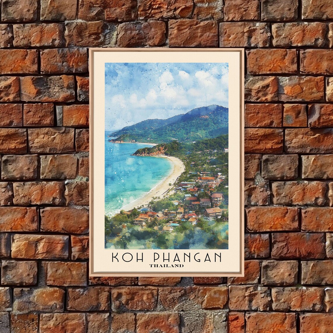 Koh Phangan Thailand Curved Bay Town Green Mountains Watercolor Poster - Image 5