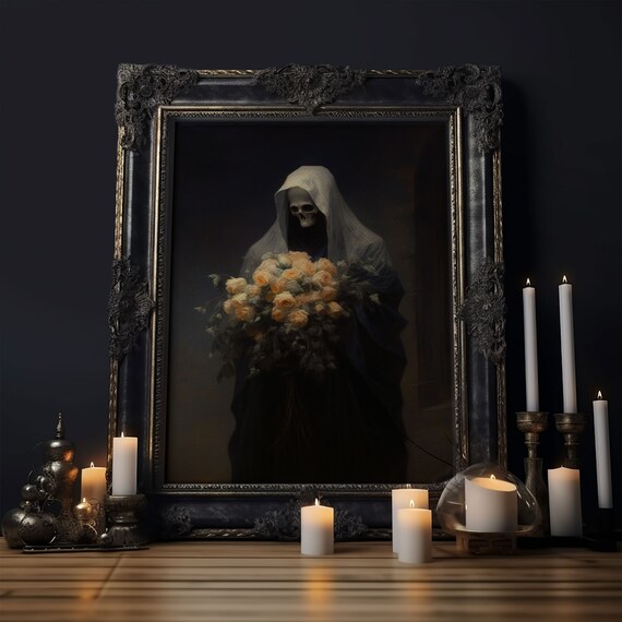 Grim Reaper Holding Yellow Roses Bouquet Dark Oil Painting Gothic Halloween Wall Art Print