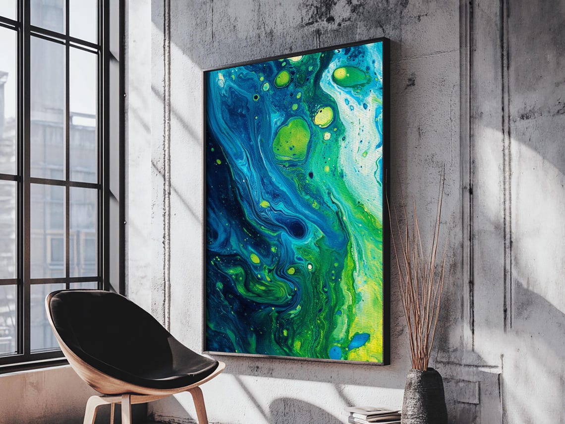 Blue Green Fluid Abstract Art Marble Acrylic Pour Ocean Cells Print - Image 6