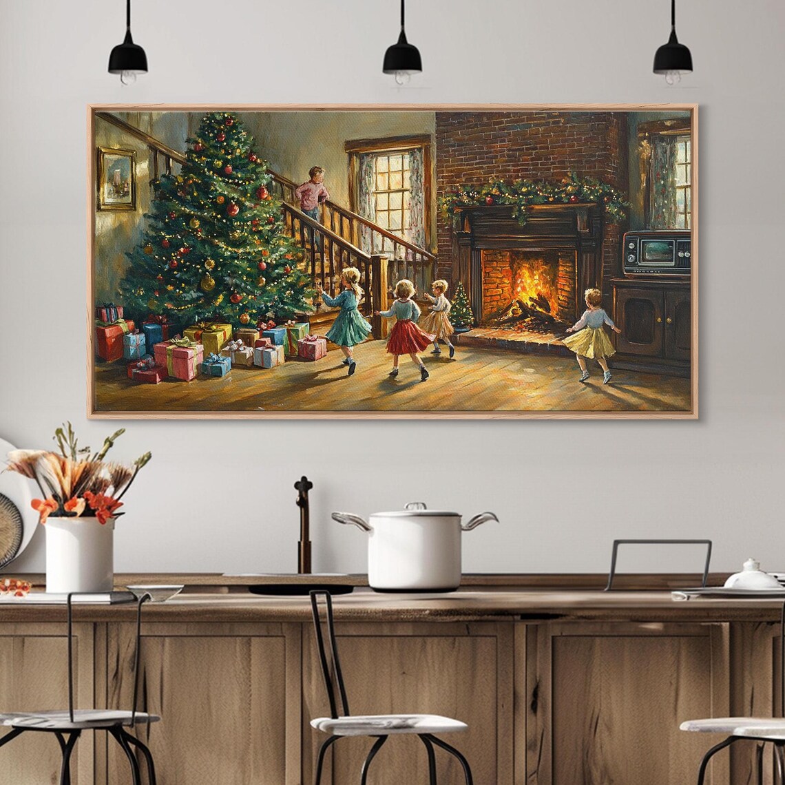 Children Dancing Christmas Tree Fireplace Gifts Vintage Wall Art - Image 5