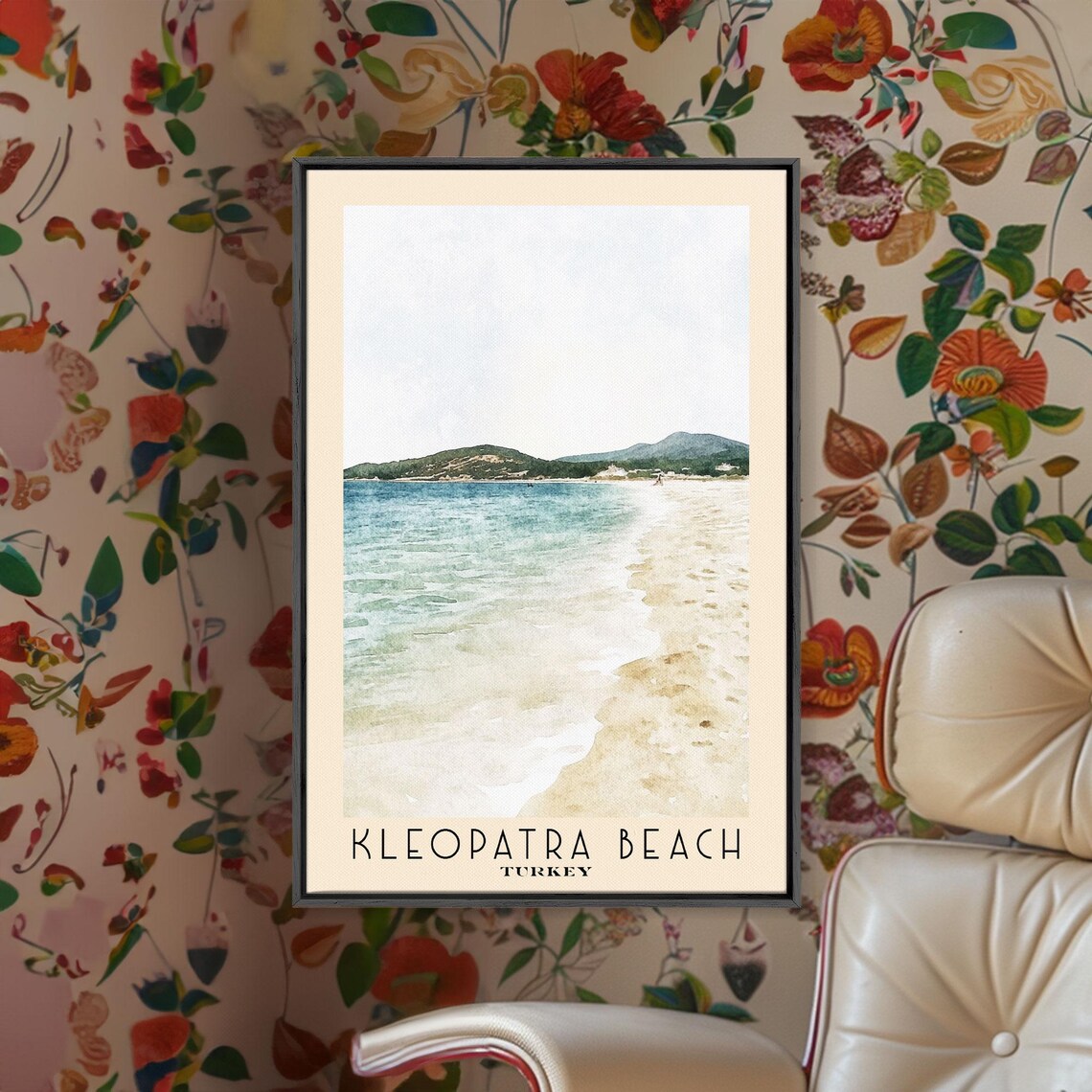 Kleopatra Beach Turkey White Sand Shore Green Headland Watercolor Poster - Image 2