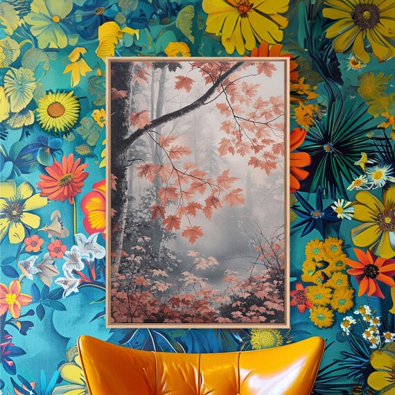 Framed Print Of Fall Leaves On Branches In Misty Forest Moody Landscape Wall Art Fall Decor Gift Idea Farmhouse Seasonal Art