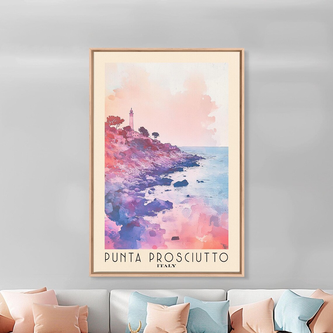 Punta Prosciutto Italy Lighthouse Rocky Headland Pink Sunset Coast Watercolor Poster - Image 3