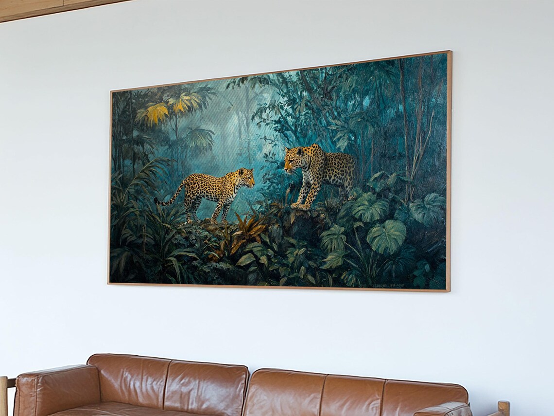 Two Leopards In Misty Teal Jungle Moody Wildlife Panoramic Wall Art Print - Image 5