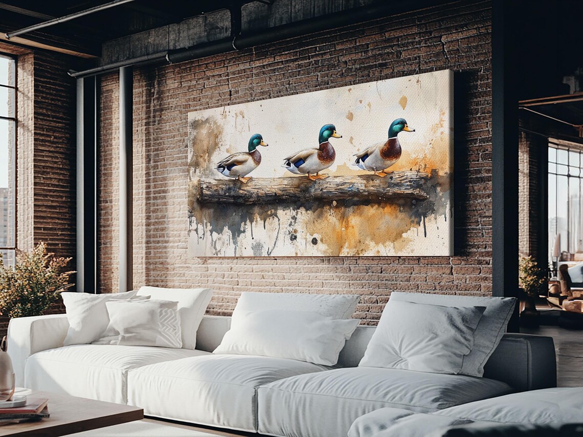 Rustic Ducks on a Log, Meadow Nature Art Print