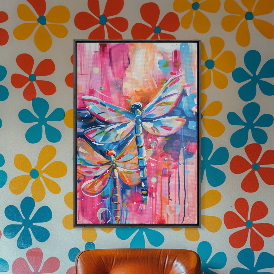 Colorful Dragonflies Abstract Nature Pink Blue Insect Art Wall Poster - Image 3
