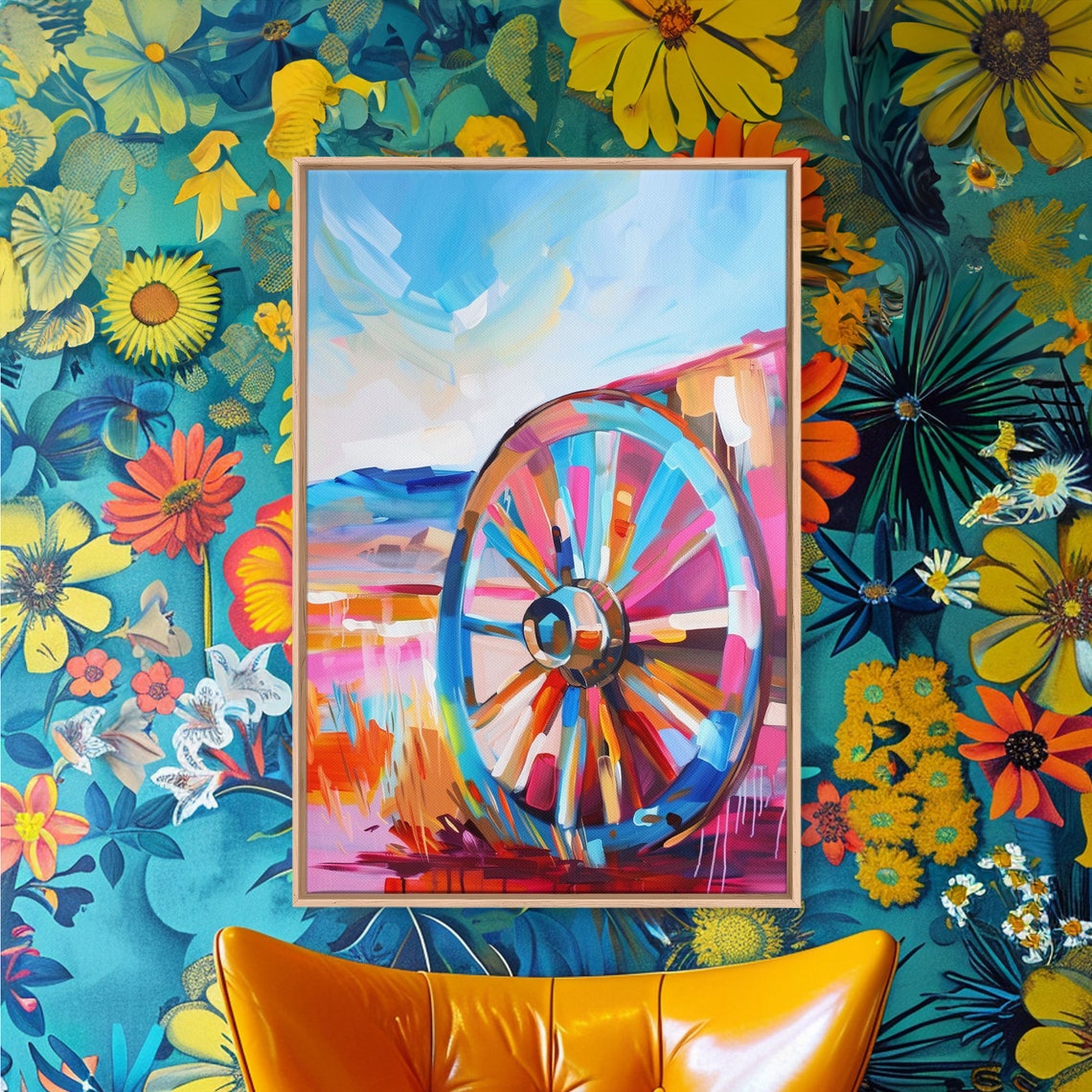 Rustic Wagon Wheel In Rainbow Abstract Colors Modern Art Poster - Image 3