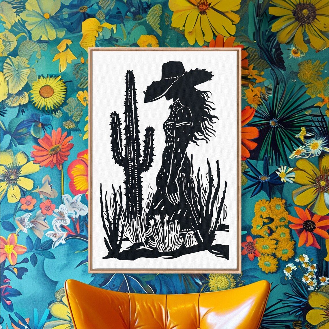 Cowgirl Silhouette Among Desert Cacti Black And White Art Poster - Image 4
