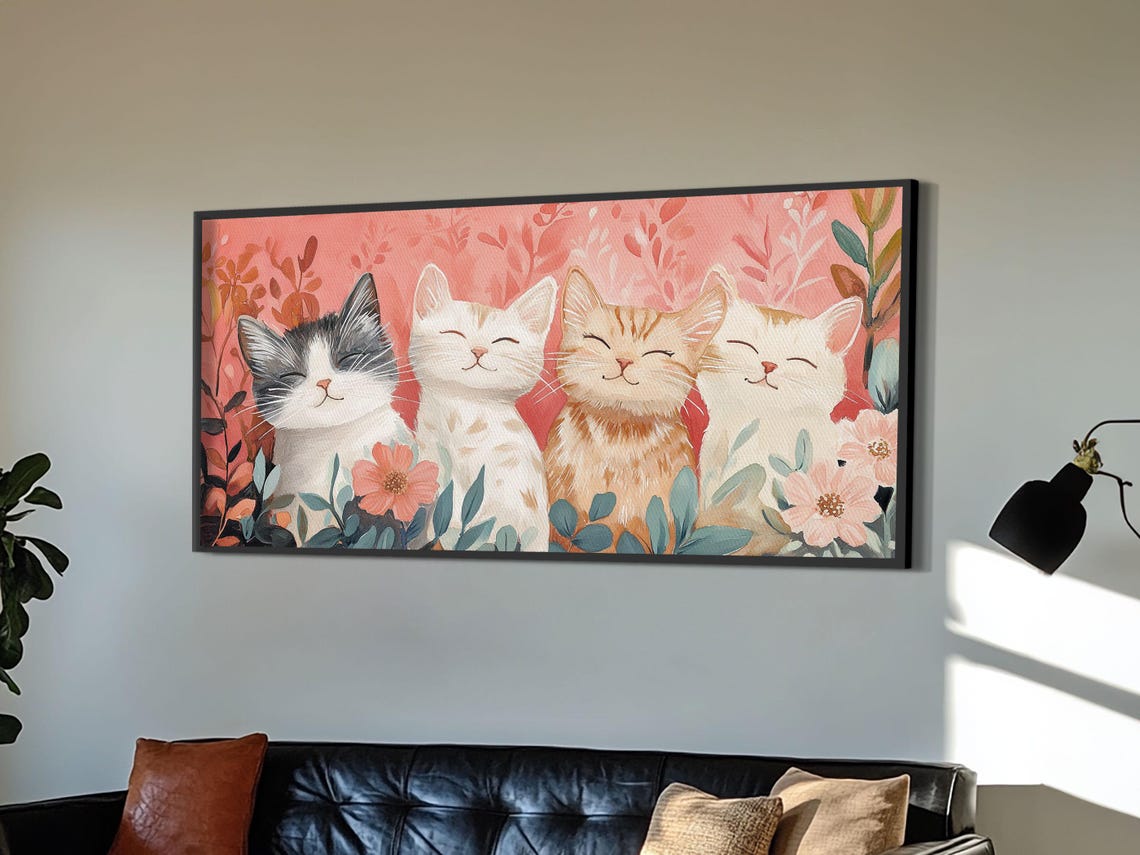 Four Happy Smiling Cats Floral Illustration Cute Kitten Gift Poster - Image 4