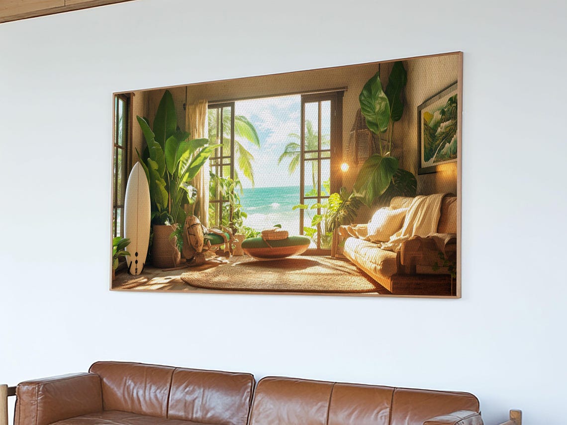 Sunny Surf Beach Interior Open Doors Ocean View Palm Plants Wall Art