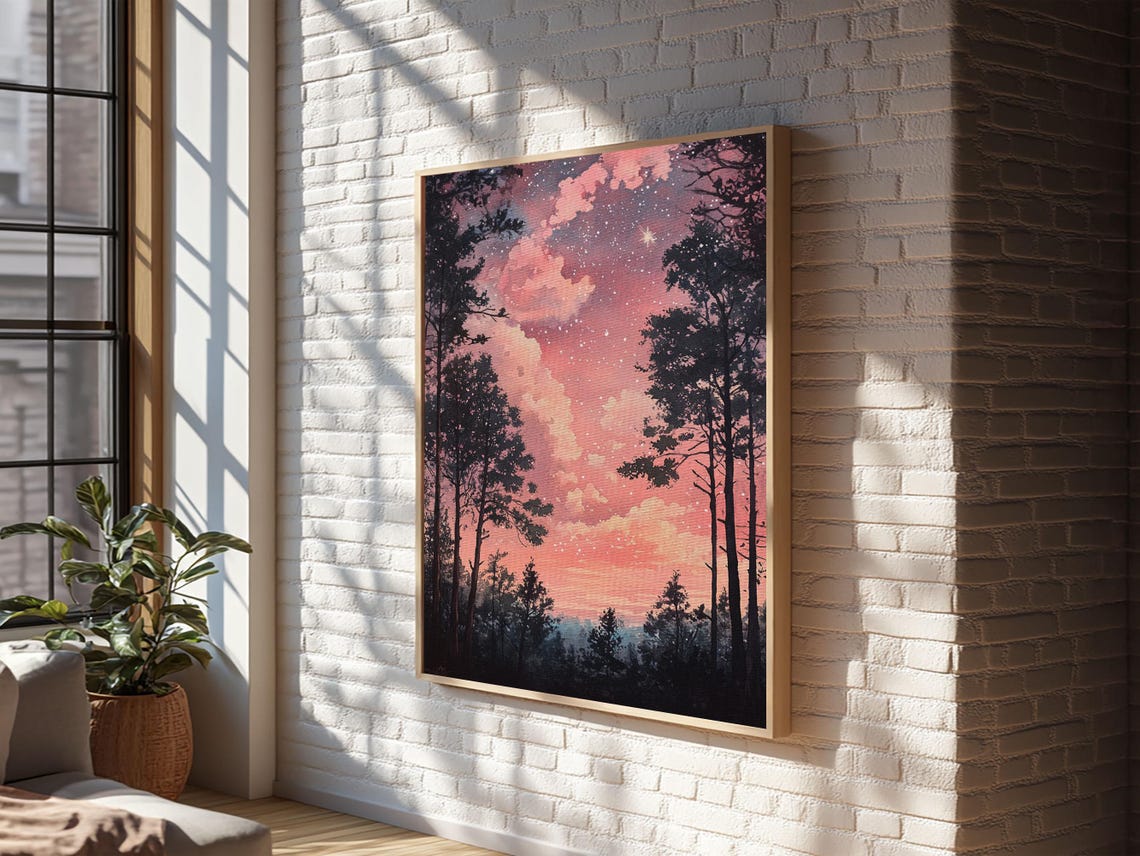 Starry Pink Dusk Sky Pine Forest Silhouette Night Wall Art Poster - Image 2