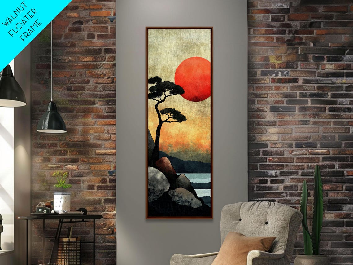 Japanese Red Sun Sunset Pine Tree Rocky Coast Watercolor Poster