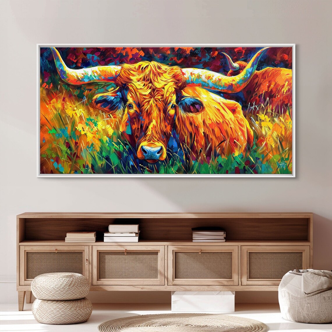 Colorful Longhorn Cow Face Close Up Vibrant Impasto Animal Art Poster