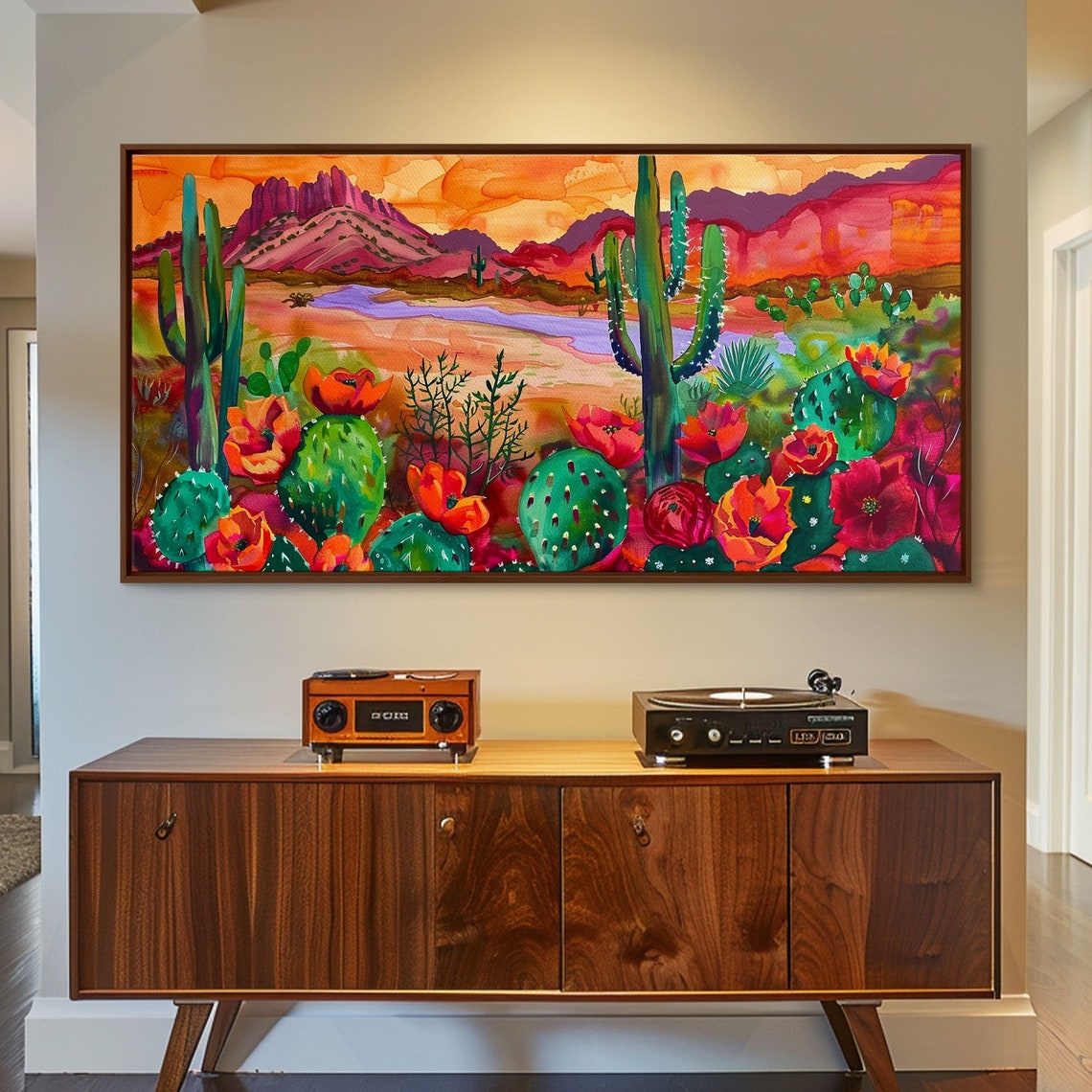 Blooming Prickly Pear Cactus Desert Purple Mountain Sunset Art Poster - Image 4