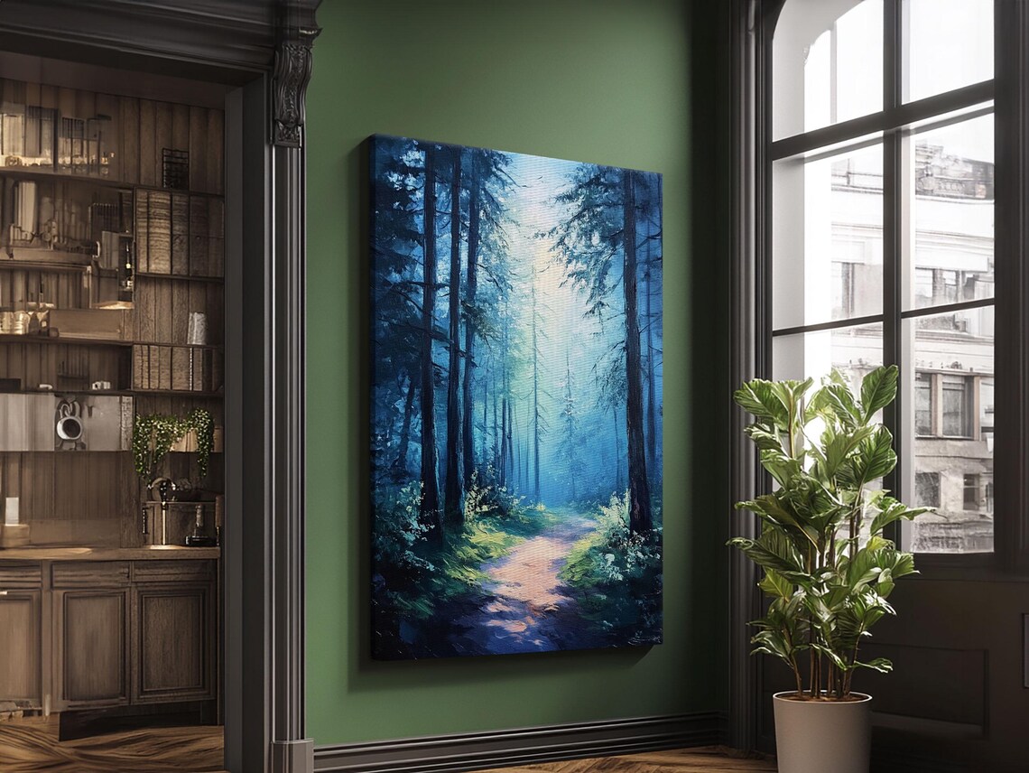 Enchanting Forest Print Moody Blue Landscape Painting With Pine Tree Art Above Sofa Rustic Wall Artwork - Image 5