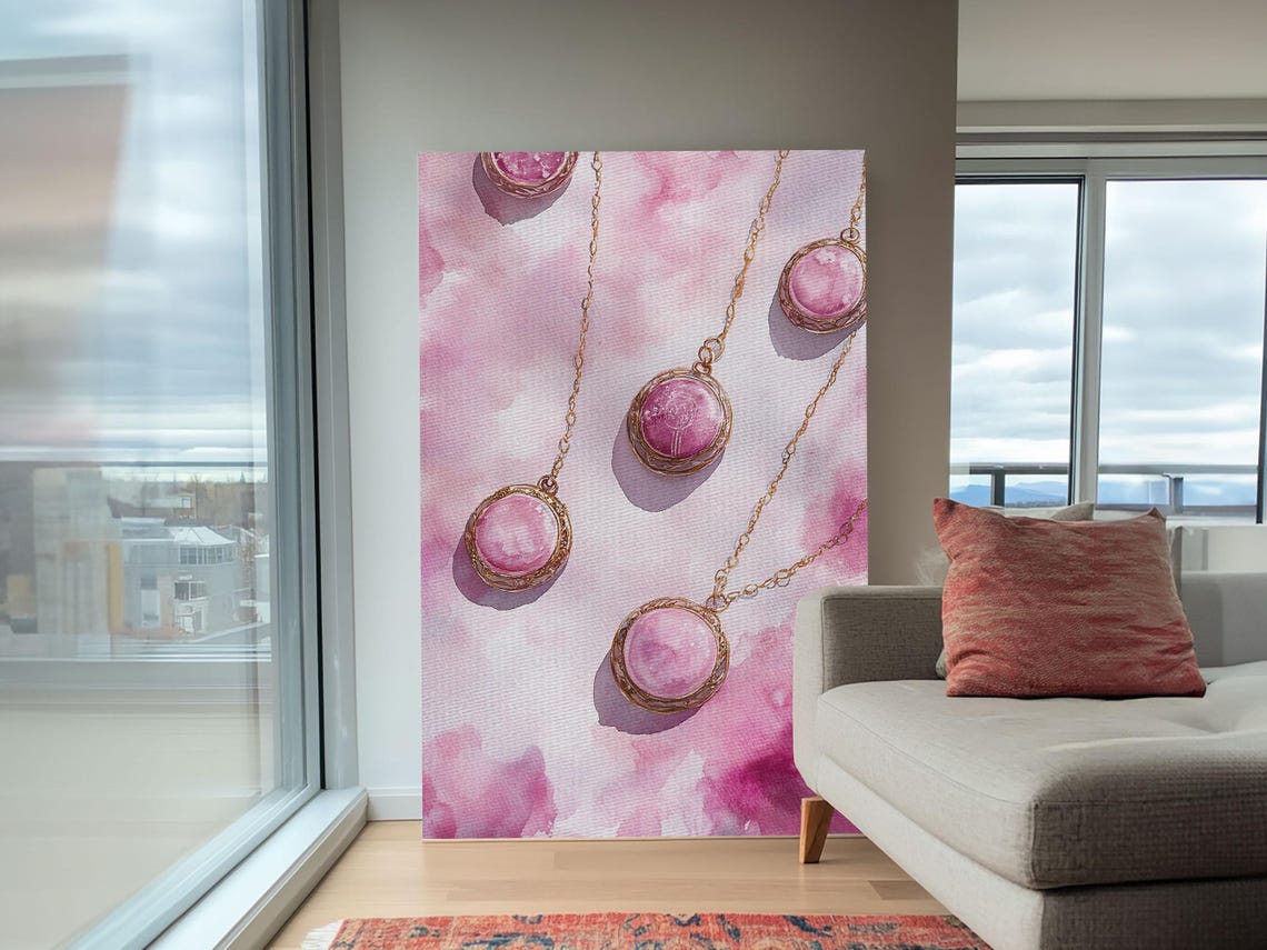 Pink Pendant Necklaces Watercolor Gold Chain Jewelry Art Room Poster - Image 2