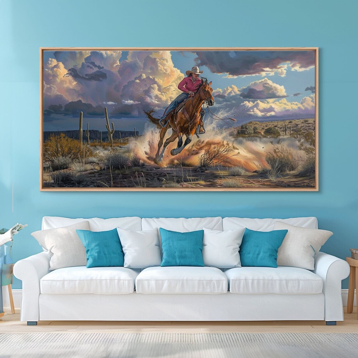 Cowgirl Galloping Horse Dust Desert Dramatic Cloudy Sky Western Art Poster