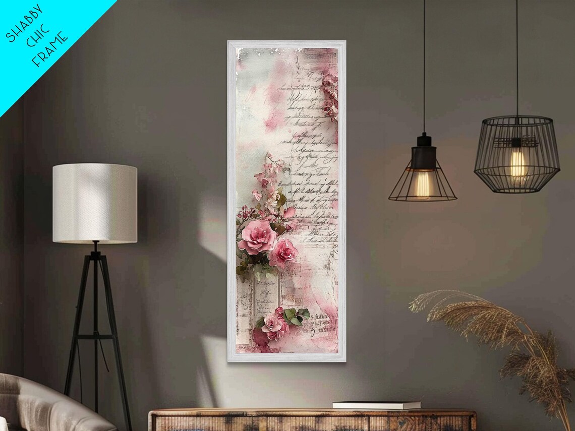 Pink Roses French Script Letters Vintage Romantic Floral Wall Art - Image 2