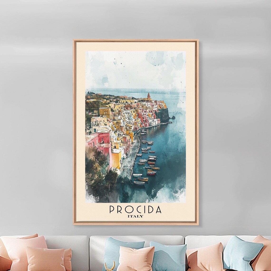 Procida Italy Colorful Harbor Boats Pastel Waterfront Watercolor Poster - Image 3