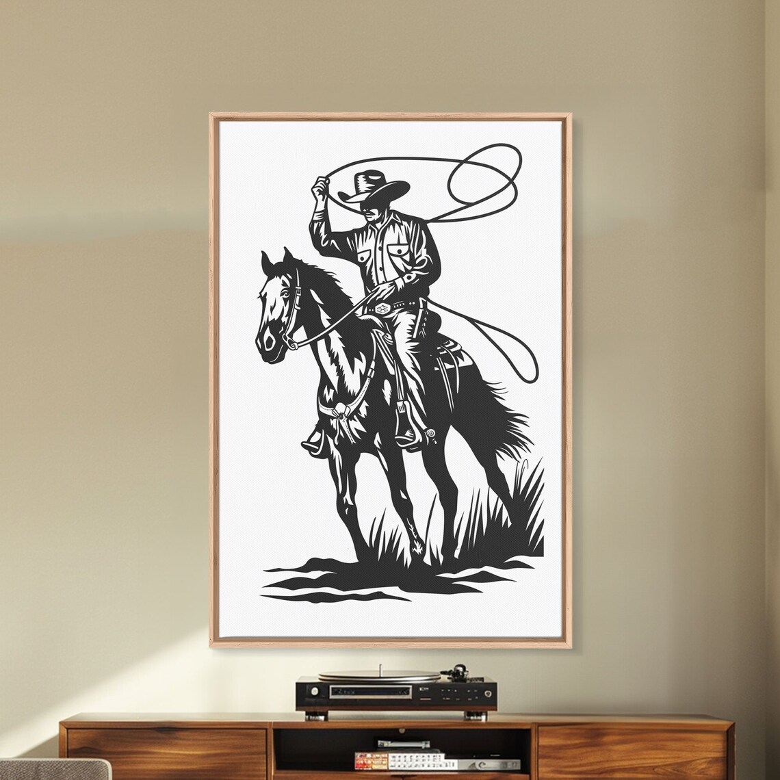 Cowboy Roping On Horseback Black Silhouette Western Line Art Poster - Image 2