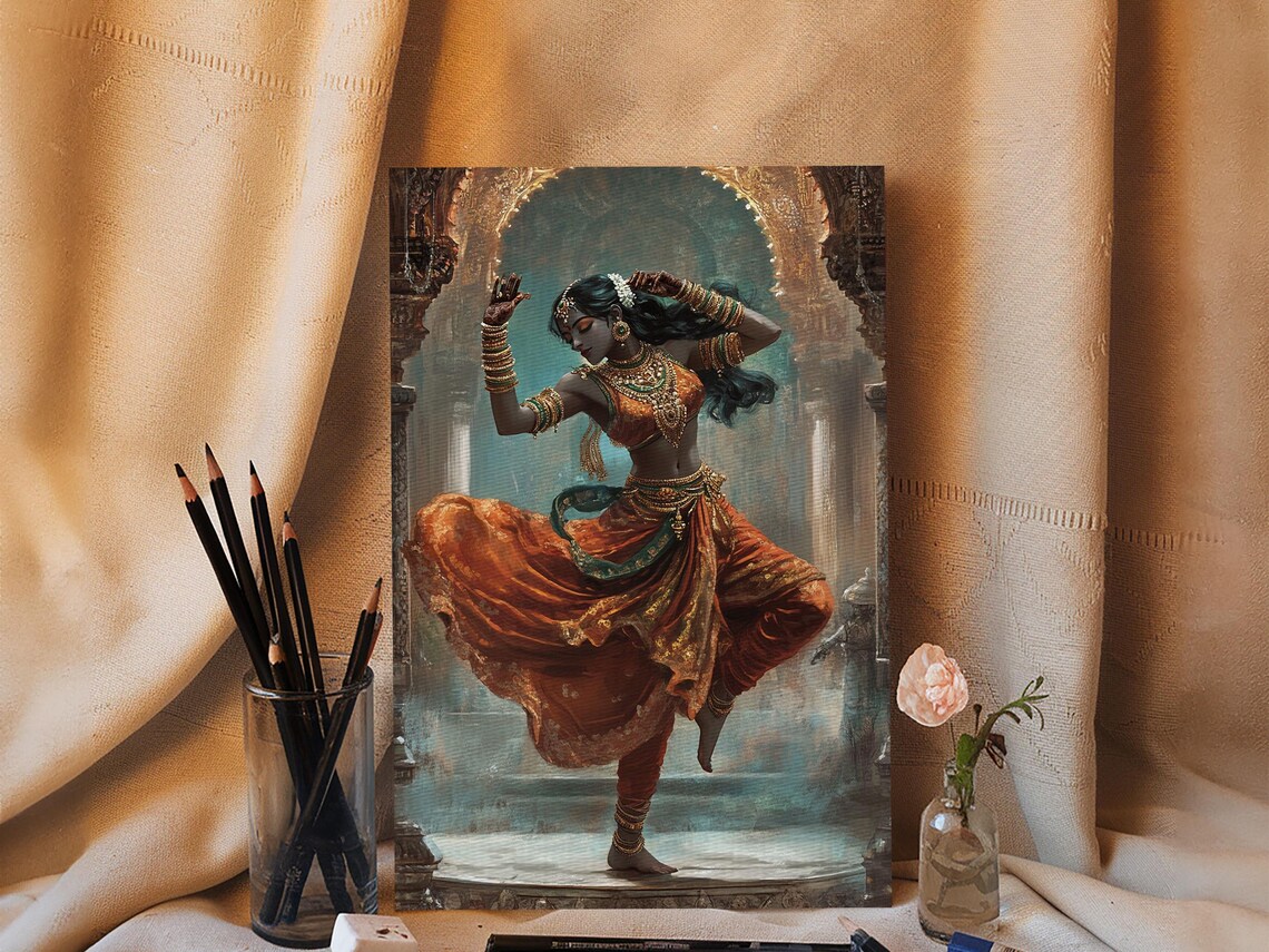 Indian Woman Dancing Orange Sari Temple Traditional Bollywood Art Poster - Image 6
