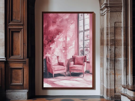 Light Pink Wall Art With Elegant Chairs Framed Print Minimalist Living Room Art Above Couch Cottagecore Aesthetic Decor