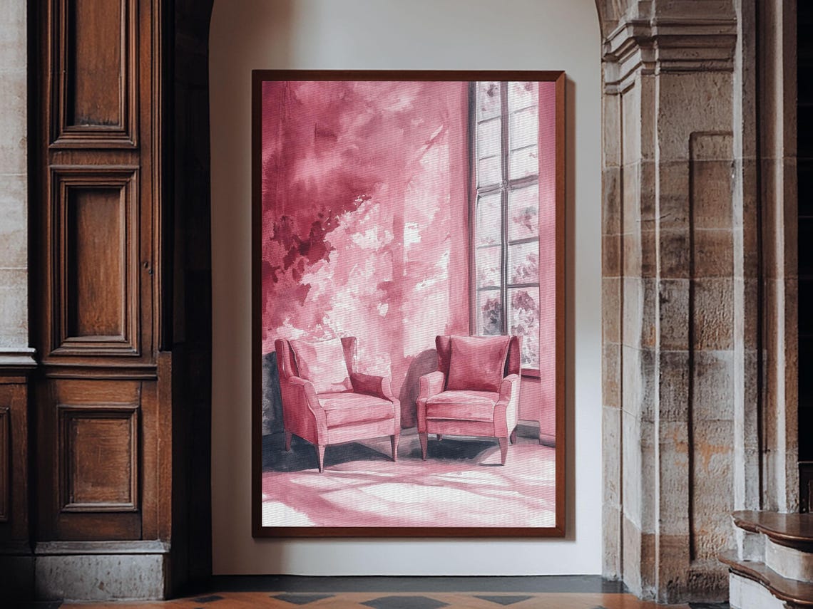 Pink Armchairs By Window Cozy Watercolor Interior Reading Nook Art
