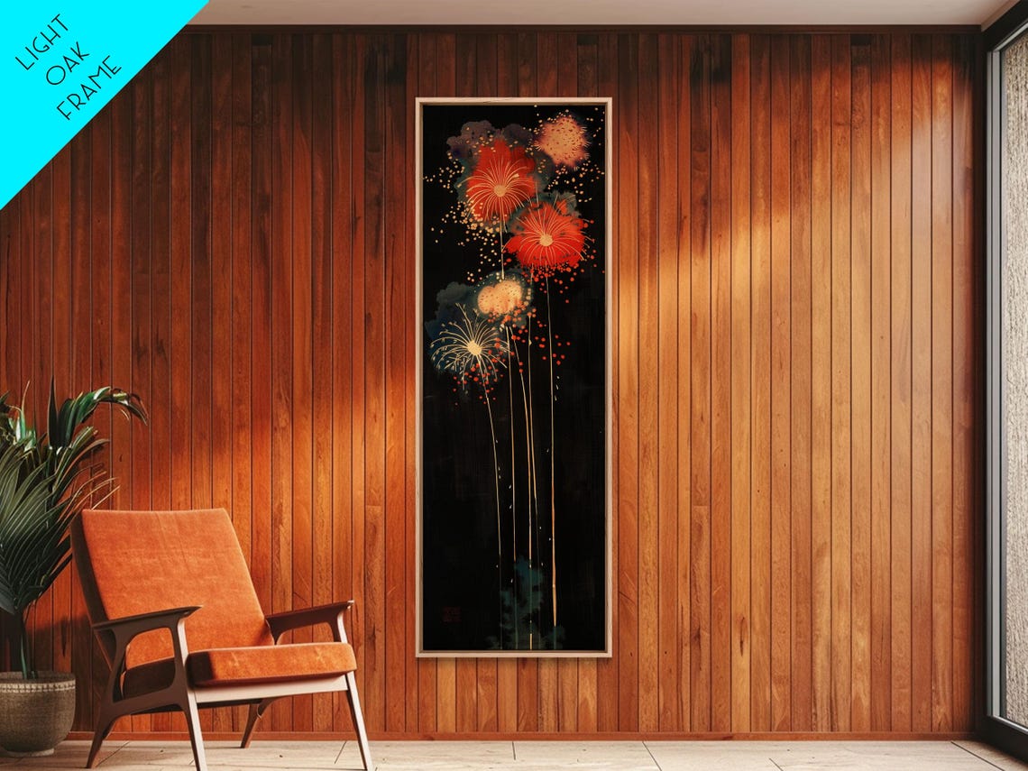 Colorful Fireworks Dark Night Sky Japanese Style Tall Art Poster