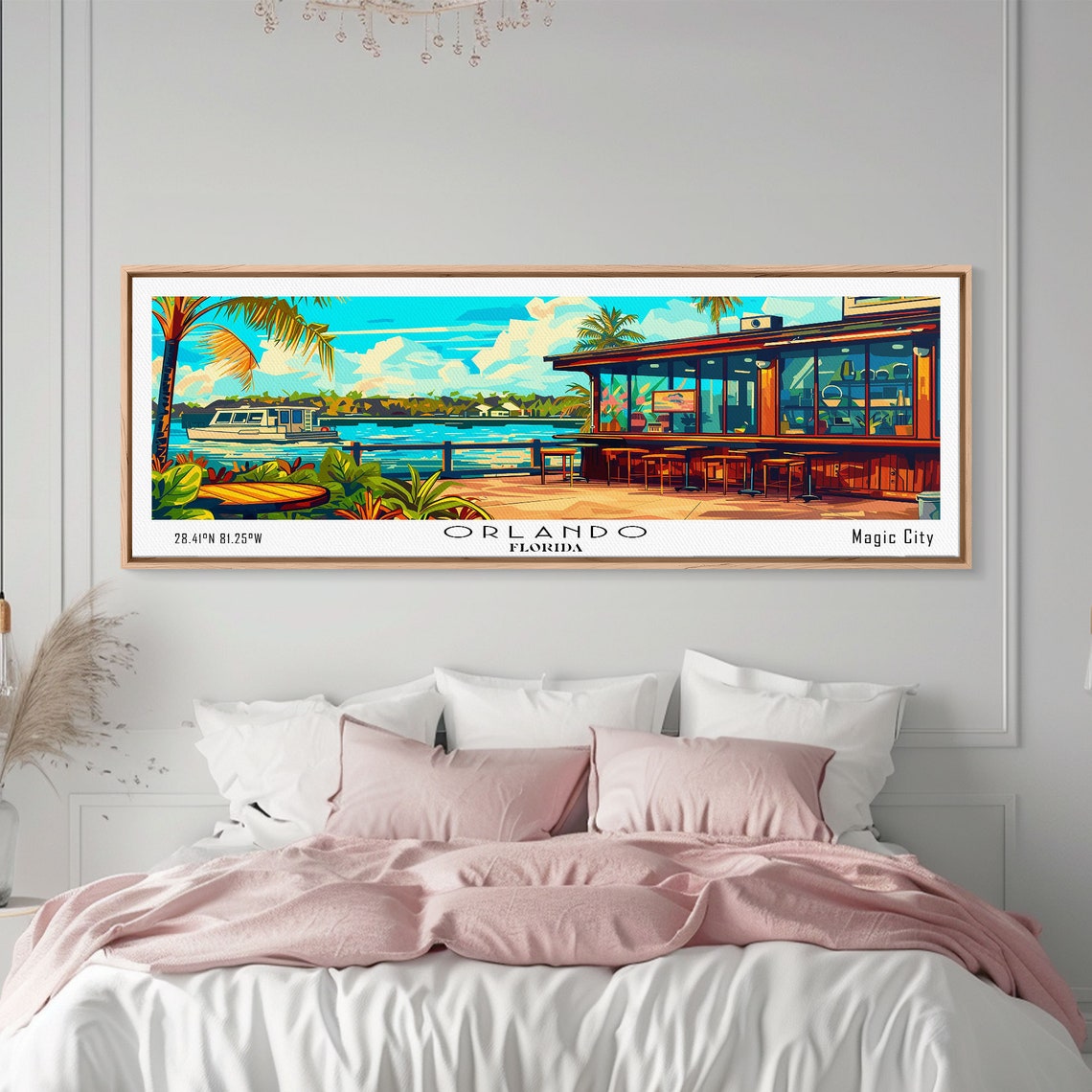Orlando Florida Lakeside Bar Palm Trees Boat Sunset View Travel Poster - Image 4