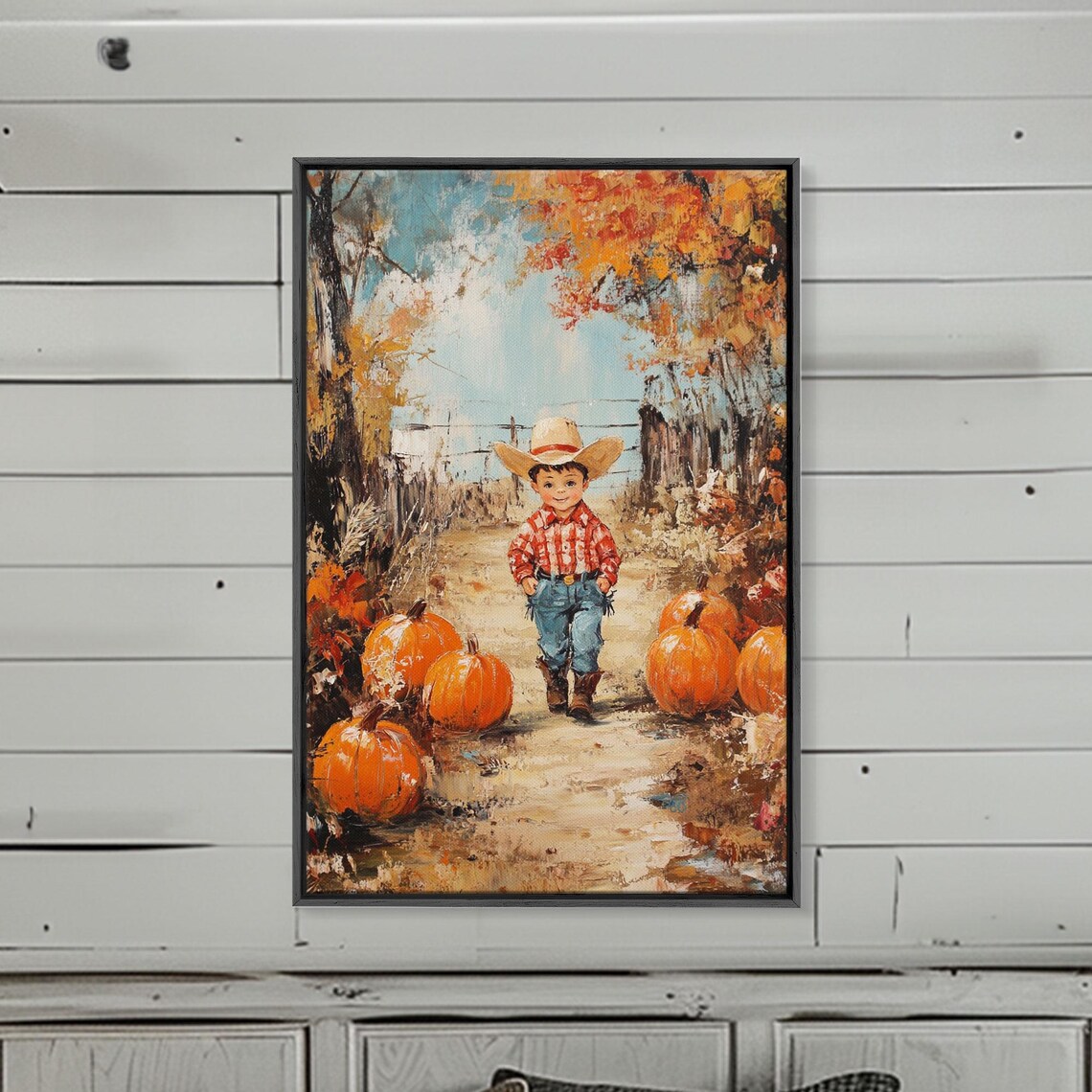 Little Cowboy Child Pumpkins Autumn Farm Path Rustic Painting Art Print - Image 3