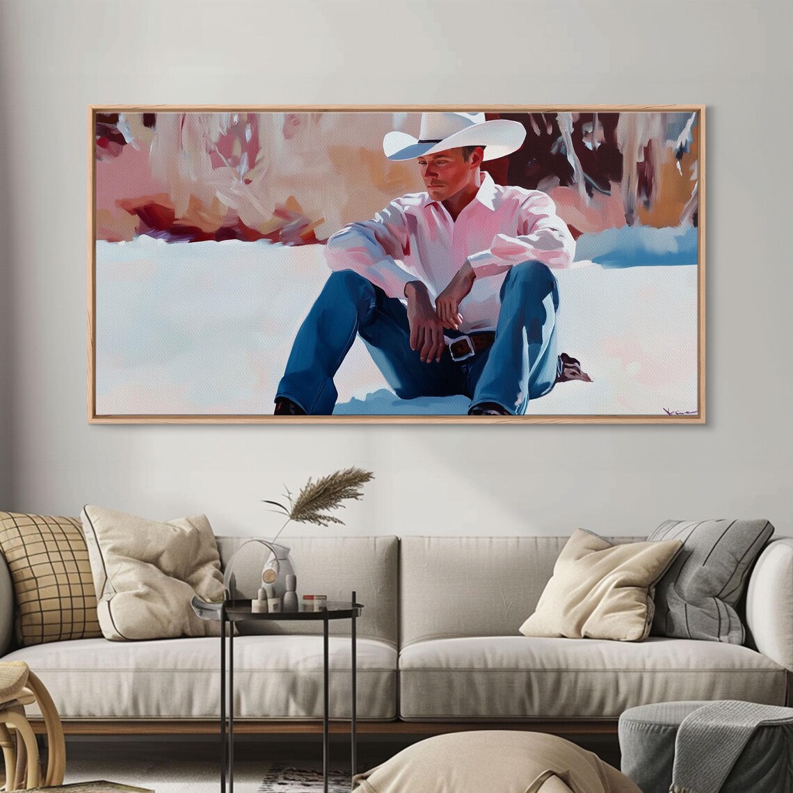 Cowboy In A White Hat And Pink Shirt Sitting In The Snow Art Print - Image 3