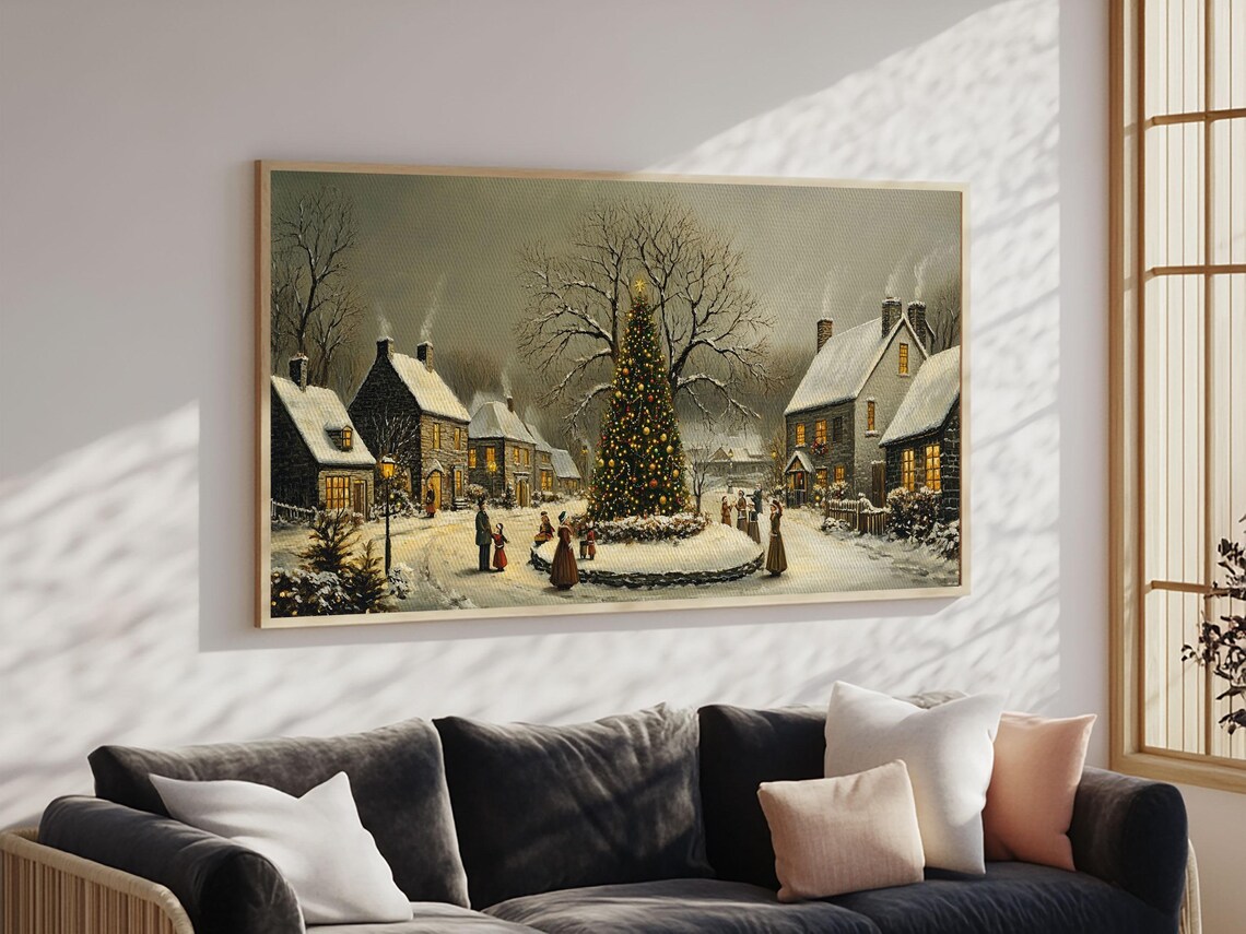 Cozy Christmas Village Framed Print Wood Framed Christmas Art Cottage Core Christmas Village Oil Painting Print Ready To Hang - Image 3
