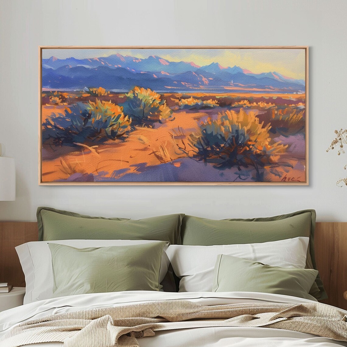Golden Desert Dunes Sagebrush Blue Mountain Sunset Painting Poster - Image 3