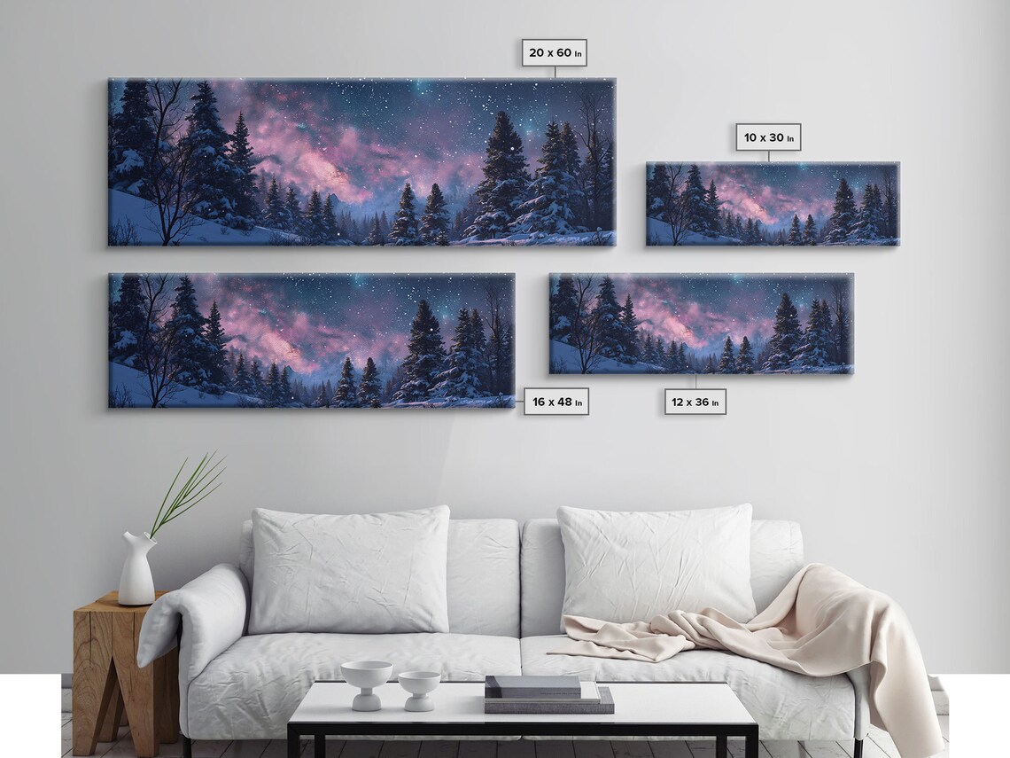 Starry Purple Night Sky Over Snowy Pine Forest Winter Wonderland Poster - Image 2
