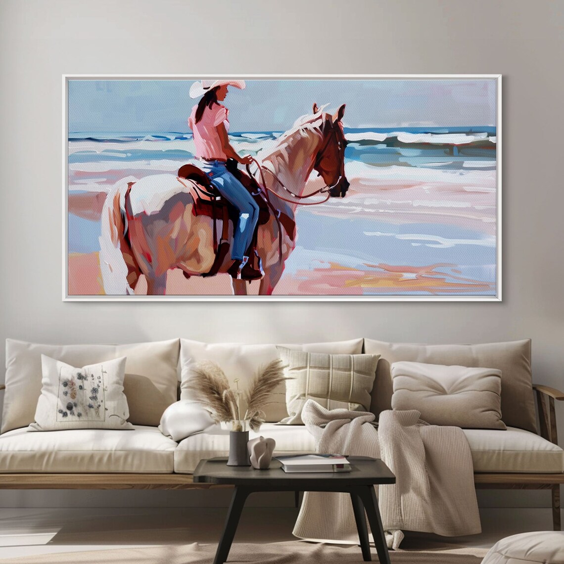 Cowgirl On Pinto Horse Beach Ride Waves Pink Shirt Western Coastal Art - Image 2