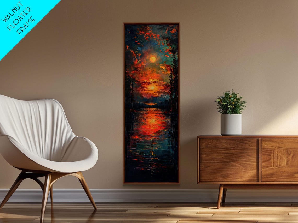 Glowing Sunset Over Dark Lake Water Impasto Moody Evening Sky Poster - Image 5