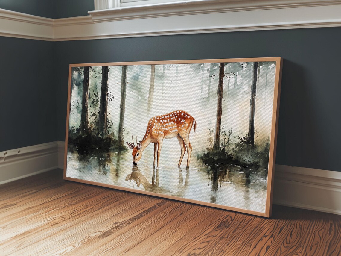Spotted Deer Drinking Water Panoramic Painting Misty Forest Reflection Poster - Image 2
