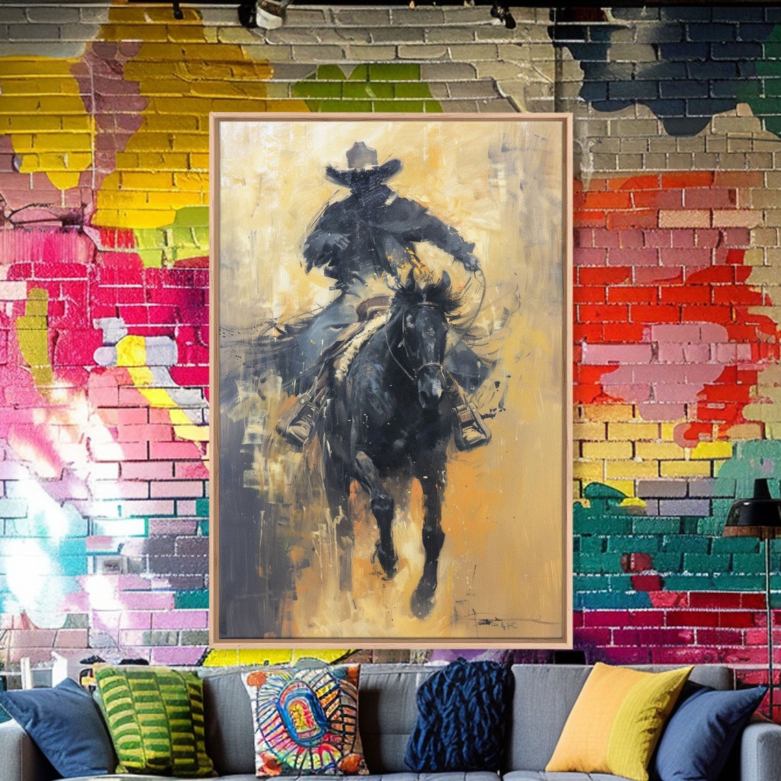 Cowboy On Charging Black Horse Painterly Western Chase Wall Art - Image 5