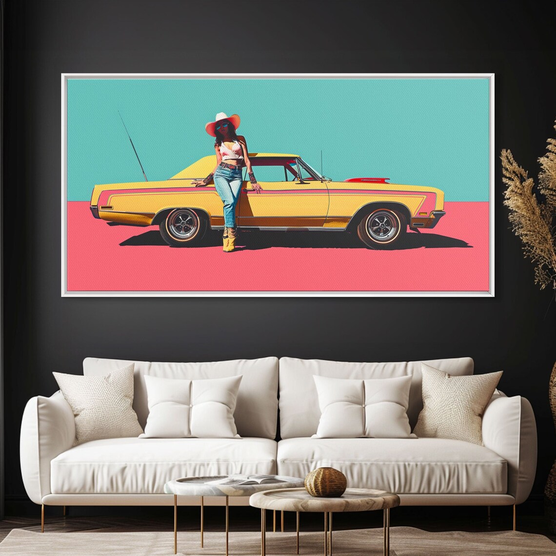 Bold Pop Art Cowgirl With Yellow Classic Muscle Car Turquoise Poster - Image 3